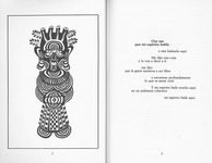 Figure 17. Poem Oye me que mi espíritu habla with drawing by Sandra María Esteves. On the left page she depicts a god-like figure, with an enlarged head and ears. On top of the head, there are four ventricular chambers. The eyes are half-opened, as if in a meditative state. Contour lines cover the entire torso, creating a corporeal topographical map. On the right side of the page is the poem.