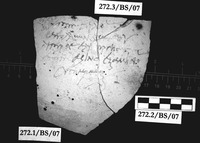 Fig 11: Ostraka 3 inscribed on convex side only, parallel with the throwing marks. Sherd was brushed, slip removed from most of surface prior to writing. Script is semicursive.