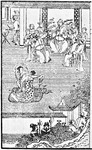 Figure 1.1.  A group of nine men, some clapping their hands, watch two women on a small rug dance together with bent torsos and swirling scarves. In the background a man beats a drum.