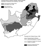 A composite map of South Africa, with different proposals for an independent Volkstaat overlaid on one another. Taken together, the proposals account for the majority of the land area that is South Africa.