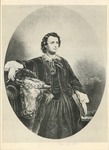 Oval engraving of Bonheur dressed in a jacket, vest, and full skirt. She holds a pencil, her right arm around a furry bull with horns. Her left hand holds a sketchbook.