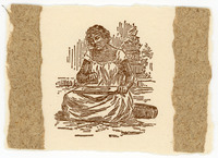 Line art drawing of dark-skinned woman. She sits, holding a wooden board on her lap, pounding bark paper with her other hand. She wears a light, short-sleeved dress.