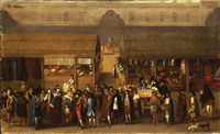 Color painting with a central perspective and two market stalls on each side. A large group of people appear in the stalls and in front of them.