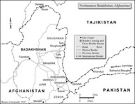 This black-and-white map shows the location of the main city centers, district, province, and international borders, rivers, and border crossing in the northeastern section of Badakhshan, Afghanistan.