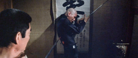 In Yakuza’s Tale (Tosei ninretsuden, 1969) Takakura Ken pins a bad guy to the character for longevity with a samurai sword.