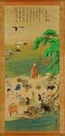 The ritual of releasing captured animals: hanging scroll painting by Kanō Eitai, showing a monk and several laypersons surrounded by various freed birds and mammals.