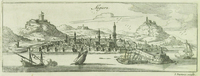 A perspective drawing of Algiers, c. 1690 from the sea. The city is centered with mountains in the background.