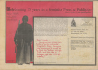 Tabloid catalog. Photo of Fields standing. Postcard back with message and caption. Large letters read “Celebrating 15 years as a feminist Press and Publisher.”