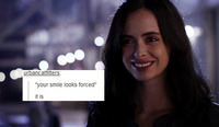A “text-post meme” where a user has posted a media image of the character Jessica Jones superimposed with another user’s written text