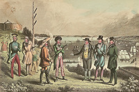 Two American men wearing country dress, including Brother Jonathan in red striped pants, converse on Battery Point with three gentlemen travelers.