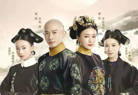 Promotional poster for The Story of Yanxi Palace featuring (from left to right) Wei Yingluo, Emperor Qianlong, Empress Fucha (the good empress), and Empress Hoifa-­Nara (the evil empress). All four are in elaborate period dress, with black and gold being the predominant colors.