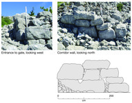 Three images in figure. First image displays the entrance to the gate and a pile of rocks. Second image displays the corridor wall made with rocks. Third image is a digital drawing of rocks that form the Eastern gate at Kratul i Madh.
