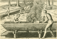An etching of two men working with steam to hollow a dugout. Men in the background fell trees with fires.