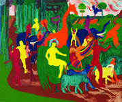 A picture containing text, vibrantly colorful, painted sillohettes of people and animals, with a central, seated and sillohetted figure bearing what looks like a crown or flames from head