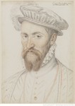 Drawing in red and black chalk of the duc de Guise, bust-length, turned to the left, with a reddish brown moustache and beard; wearing a ruffled collar and feathered hat.