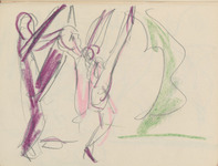 Abstract graphite and crayon sketch in paper sketchbook of Wigman’s rehearsals, with two pink and purple figures on the right high-kicking toward the tormenter figure, portrayed as a green mass on the left.