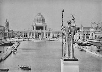 A photo of the majestic grand basin at the World’s Columbian Exposition in Chicago in 1893, the vast white buildings gleaming in the sun. A gigantic statue stands with her back to the camera on the right.