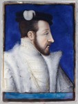 Enamel portrait of Henri II, King of France, bust-length, in profile to the right, with a moustache and short beard, wearing white fur-lined and gold-embroidered clothes and a feathered hat, on a blue background.