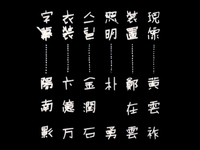 Opening credits, in mixture of Chinese and Korean (Korean letters seem to be in place of Katakana or Hiragana words), white handwriting on plain black background, vertical