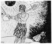 "Person of the Southern Region." This cartoon appeared in Osaka Puck in December 1942 as part of a before-and-after sequence depicting Asia under Western domination and after Japanese liberation. From Dower (1986:200).