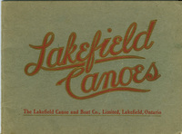The cover of a Lakefield Canoes Catalogue, with red and gold text embossed on a light green background. The text reads, "Lakefield Canoes. The Lakefield Canoe and Boat Co., Limited, Lakefield, Ontario."