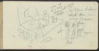 Two drawings for The Glass House, annotated in English, in which a transparent glass floor becomes a means for juxtaposing still images with rapidly moving ones: a stationary cat is positioned against "a whirling town," and feet stand on a "glass balcony above the moving street."