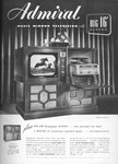 Black-­and-­white advertisement for a television set. At the top of the image, the text reads: “Admiral Magic Mirror Television with Big 16 inch Screen.” In the center of the image, a television cabinet with a built-­in record player shows a horse jumping on the screen. At the bottom of the image, a block of text describes the features of the television.