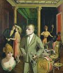 Otto Dix painting portraying himself at the center of the composition, holding a telephone. He looks steely eyed and wears a trim, pale green suit. He stands in the foreground in a jazz dance hall with a female mannequin bust in an ornate costume at his side. Behind him to the left is a dancing couple (who isn’t actually dancing) wearing a suit and sparkly dress, and to the right next to him is a black jazz drummer wearing a suit and actively drumming on a set with a depiction of a Native American person on its front. Behind the drummer, another female mannequin stands with an anxious expression. In the very back of the room are some columns and another figure entering.