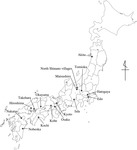 A general black and white map of Japan, covering the islands of Hokkaido, Honshu, Kyushu, and Shikoku. Dots mark the major locations mentioned in the volume.