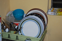 Dishes in a drying rack.