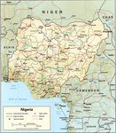 A detailed political and administrative map of Nigeria, showing roads, railroads, and major cities.