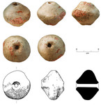 Photograph and drawing of biconical spindle whorl.