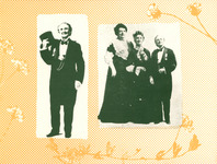 Two photos. The left photo shows Walker dressed in a tuxedo and bow tie, holding her top hat. On the right, she stands in her tuxedo with two colleagues dressed in formal, full-length dresses.