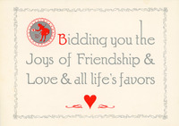 Words printed in Parson’s typeface, red with B in silver. Red and silver St. Valentine ornament precedes B. Red ribbon border; silver heart with flourish on both sides.