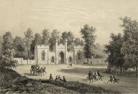 Black-and-white lithograph of the Gothic Revival entrance to Green Mount Cemetery showing approaching visitors on horseback, a carriage, and, in the foreground, people sitting on a hill.