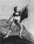 Figure 6.1. Dai Ailian poses on a rock ledge looking up toward the sky. Her arms are outstretched, her legs lunging, and she wears a costume like the flag of the Republic of China.
