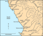 A map showing neighboring valleys that bracket Cañete. To the north, Mala, Lurín, Rímac and Chillón. To the south, the Quebrada de Topará and the valleys of Chincha, Pisco, and Ica. Triangles indicate archaeological sites; circles are modern cities.