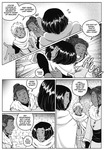 Five frames from a black and white fantasy webcomic depicting scenes of celebration; all characters wear fur-capped, warm-looking robes.
