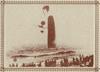Vintage composite photo. A crowd stands on Santa Monica beach looking to the sea, where McPherson, larger than life, rises to the sky. She holds a Bible and wears a large corsage.