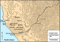 A contour map shows the location of two late pre-Conquest polities in the Cañete Valley: Lunahuaná (upriver in the mid-valley or chaupi yunga) and Huarco (the shaded area that extends from Cerro Azul to Ungará).
