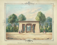 Color illustration of Egyptian-­style gateway to New Haven’s Grove Street Cemetery (formerly the New Burying Ground) showing visitors walking in the foreground and trees and monuments within the cemetery.