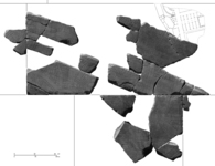 Several surviving fragments of the Marble Plan that have been identified and reconstructed as depicting a portion of the Subura neighborhood and Porticus Liviae; straight lines indicate boundaries of the rectangular marble slabs (digital fragment photos composited after Carettoni et al. 1960).