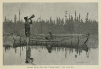 A black and white illustration of two men sitting in a birch-bark canoe on the reflective surface of a lake. One man is sitting in the front of the canoe with a gun, and the other is standing in the back of the canoe with his mouth to the cylindrical moose horn.