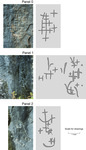 Close up photos of rock art on Panel 0, Panel 1, and Panel 2. Digital drawings of rock art next to each panel to show greater detail.