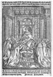 The frontispiece to Thomas Cranmer's Catechism (1548), showing Edward enthroned, handing the Bible to his bishops. The text above the woodcut reads 'The Kyng ought to be feared as the roaryng of a Lyon, who so provoketh him unto anger, offendeth against his owne soule' (Proverbs 20:2). And below it: 'Let not the booke of this law depart out of your mouthes. But recorde there in daye and nyghte, that you maye do accordynge to all that is wrytten therin' (Joshua 1:8; Deuteronomy 17:19).