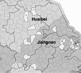 The physiographic macro-­regions of Huaibei and Jiangnan overlaid on the 1950 county map of Anhui, Jiangsu, and northern Zhejiang. Over 20 counties across Huaibei and Jiangnan from which archival or documentary evidence was used are highlighted in white.