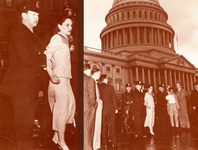 Two photos. Right: Lebrón arrested at the Capitol building with onlookers and police. Left: close up, dressed in a skirt suit, arms held by a police officer.