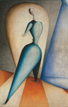 Painting of a figure in a large, padded, abstracted blue costume stands in a space with an orange-and-white-striped floor. An arm and foot extend to the left of the canvas with the rest of the body retreating back into the painting. The background is blue, grey, and tan.