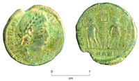 Two photographs showing back and front of Roman coin.