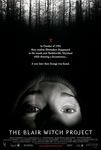 A film poster for the film The Blair Witch Project, of a woman's scared, watery eyes in front of a black forest with the words in white "In October 1994 three student filmmakers disappeared in the woods near Burkittsville, Maryland while shooting a documentary...A year later their footage was found." On the bottom of the poster in white letters below the woman's face are the words "The Blair Witch Project."